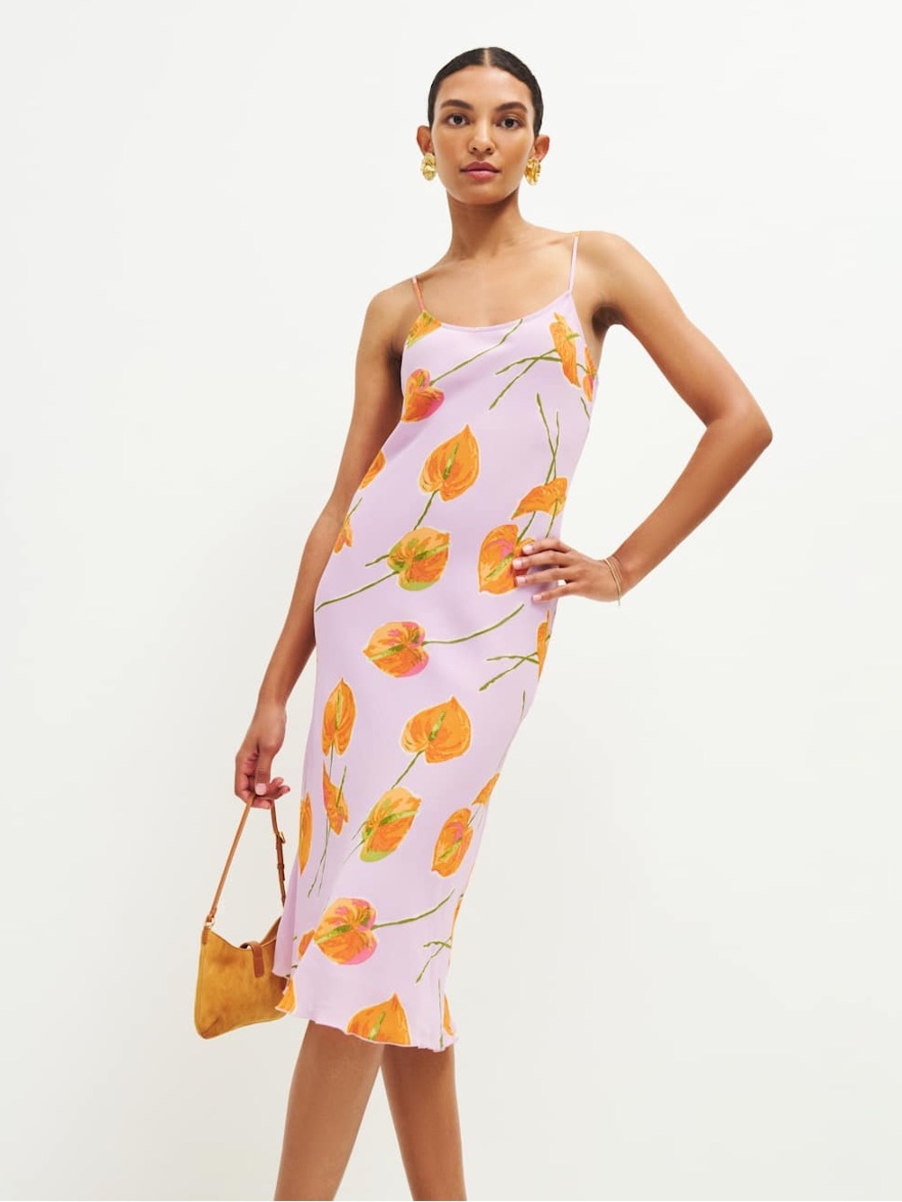 Reformation Emerick Dress Lavender Slip Midi Dress with Orange Floral Print, S M